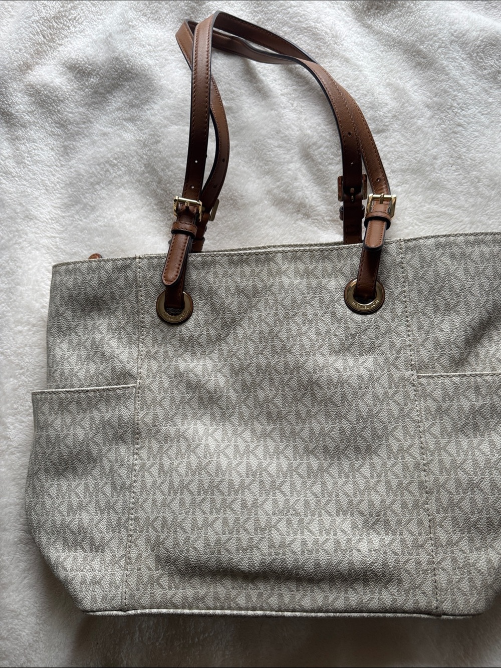 Michael Kors Light Beige Logo Canvas Tote with Brown Leather Straps